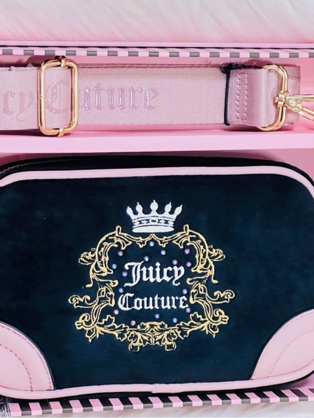 Juicy Couture Black and Pink Crossbody Bag with Gold Crest
